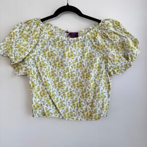 New J.Crew Liberty Crop Top White Yellow Sz 6 Floral Puff Sleeve Smocked